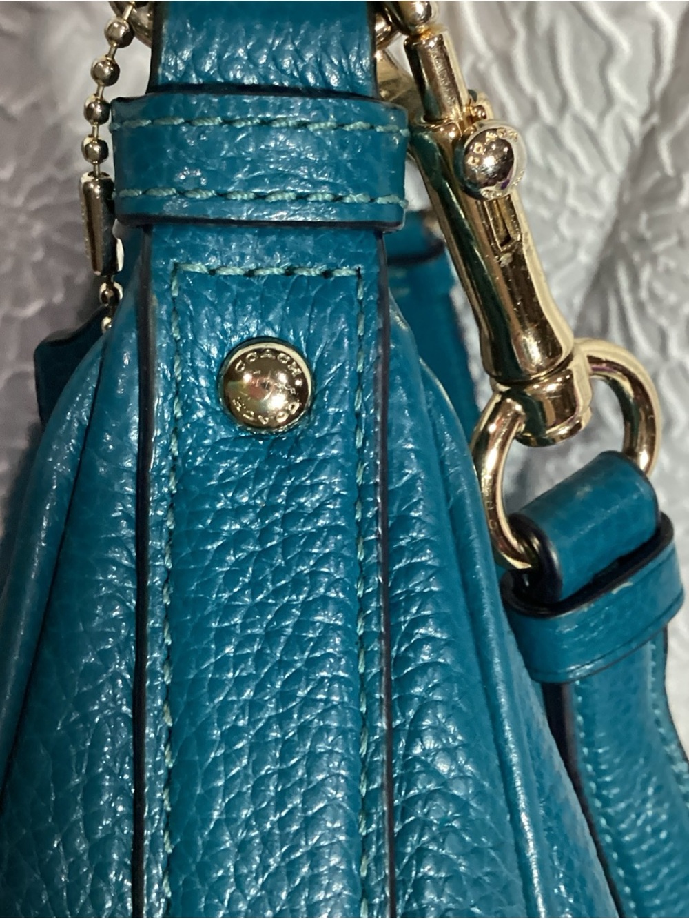 COACH Teal Pebbled Leather Harley East West Hobo Bag with Charm & Long Strap EUC - Picture 7 of 15